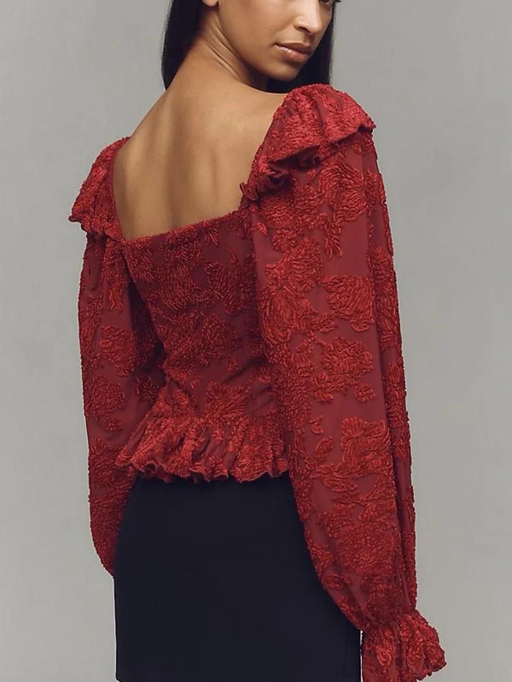 Anthropologie Red Textured Lace Puff-Sleeve Crop Blouse